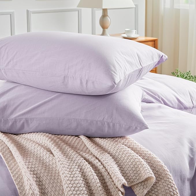 NEXHOME PRO Full Duvet Cover Set, 100% Washed Cotton with Linen-Like Texture, Natural Organic, Breathable & Comfortable, Includes Home Bedding Set Lilac (No Comforter) 80"x90"