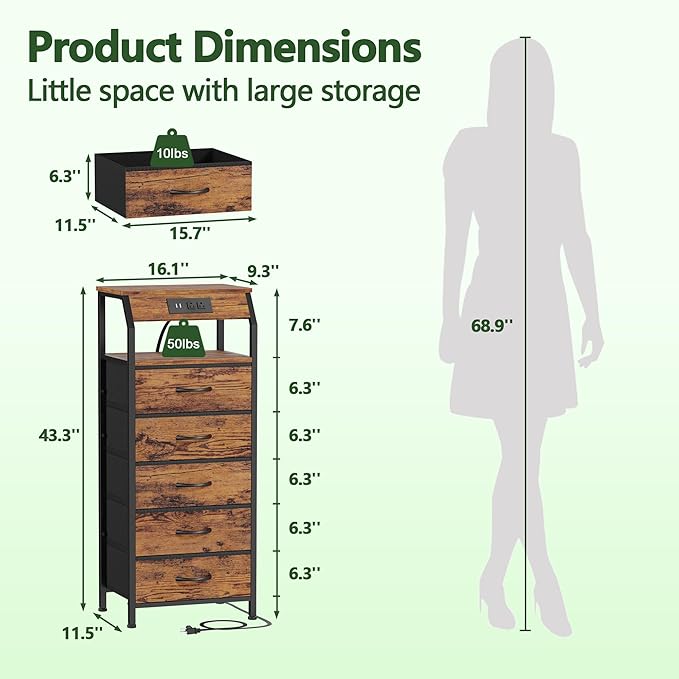 Furnulem 5 Drawers Dresser with Charging Station, Tall Nightstand, Brown | Tall Dorm Nightstand, Fabric Chest of Drawers with Storage Shelf, Skinny Dresser for Bedroom, Closet, Entryway, 3 Ways to Use