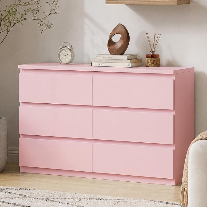 6 Drawer Double Dresser for Bedroom, Modern Simply Chest of Drawers, Wood Storage Dresser with Anti-Tipping for Living Room Hallway Entryway, Nursy Pink (15.3" D x 47.2" W x 32.3" H)