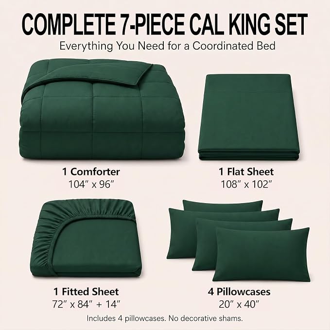 California King Comforter Set Emerald Green - 7 Pieces Bed in a Bag | OEKO-TEX Certified, All-Season, Bedroom, Guest Room, Down-Alternative Comforter + Flat & Fitted Sheets + 4 Pillowcases