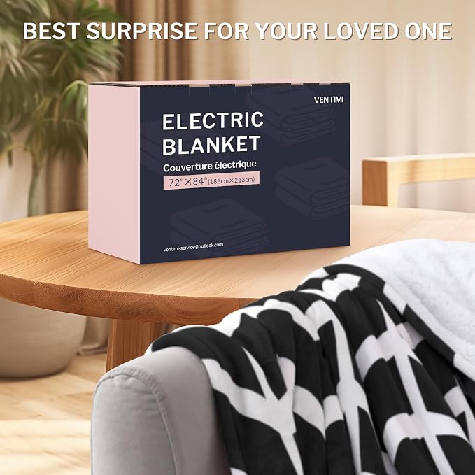 VENTIMI Heated Blanket Full, 9 Heat Levels & 2-10 Hours Auto Off, Black | ETL & FCC, Fast Warming, 72" x 84", Flannel and Sherpa, Couch Bed Use, Machine Washable, Removable Controller