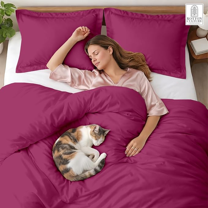 Kotton Culture 3 Pc 120" x 98" Duvet Cover Set Oversized King 100% Egyptian Cotton - 600 Thread Count Comforter Cover, Zipper Closure & Corner Ties - Fits Large King Inserts - Hot Pink
