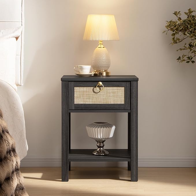 SICOTAS Rattan Nightstand Set of 2 with Storage Shelf, Boho Bedside Tables | Night Stand Set of 2 with Rattan Drawer, Boho End Tables with Storage for Bedroom, Guest Room, Apartment, and Small Spaces