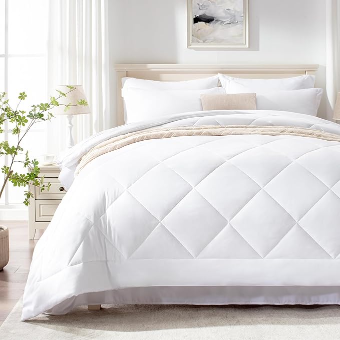 Love's cabin Queen Comforter Set White, 7 Pieces Queen Bed in a Bag, All Season Bedding Sets with 1 Comforter, 1 Flat Sheet, 1 Fitted Sheet, 2 Pillowcase and 2 Pillow Sham