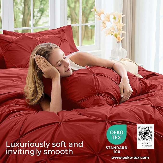 Sasttie Full Size Comforter Set, 7-Piece Bed in a Bag Double, Pintuck Bedding Set for All Season, Includes Comforter, Flat Sheet, Fitted Sheet, Pillowcases and Pillowshams, Red