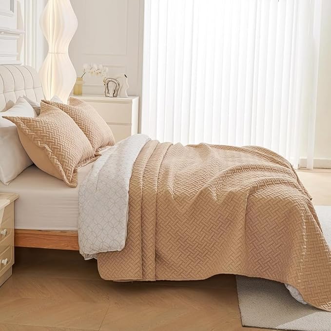 Legacy Decor Bedspread Coverlet 3 Pcs Set Oversized 100" W x 106" L Queen Size Beige Color