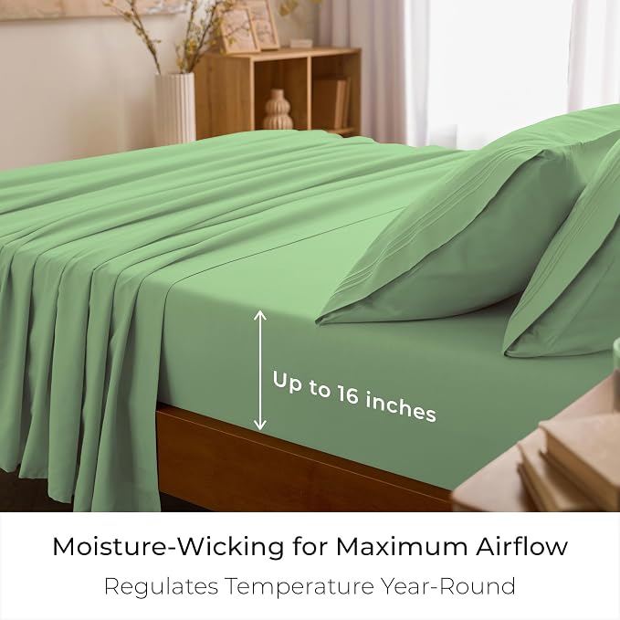 Mellanni Iconic 4-Piece, Ultra Soft Sheet Set (California King, Pistachio) | 10M+ Sleepers. Lab-tested: Sleeps Cool, Stays Bright, Strong, Smooth. Good Housekeeping Best Bedding, 7 yrs running.