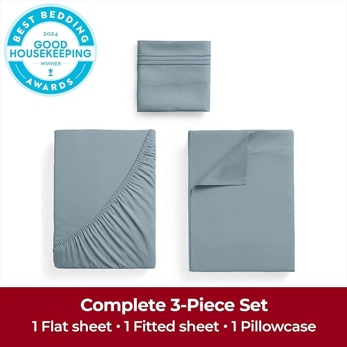 Mellanni Iconic 3-Piece, Ultra Soft Sheet Set (Twin, Spa Blue) | 10M+ Sleepers. Lab-tested: Sleeps Cool, Stays Bright, Strong, Smooth. Good Housekeeping Best Bedding, 7 yrs running.