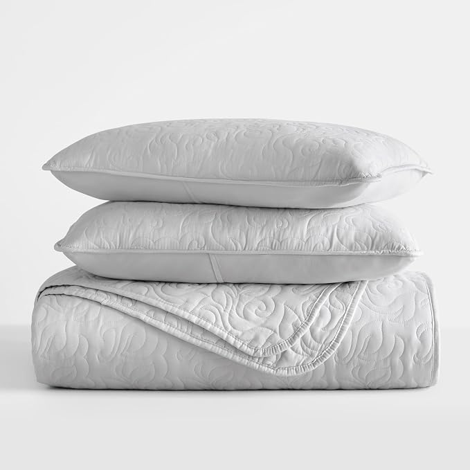 Merit Linens Modern Quilt Coverlet Soft Set in Floral Stitching - King/Cal-King Light Gray