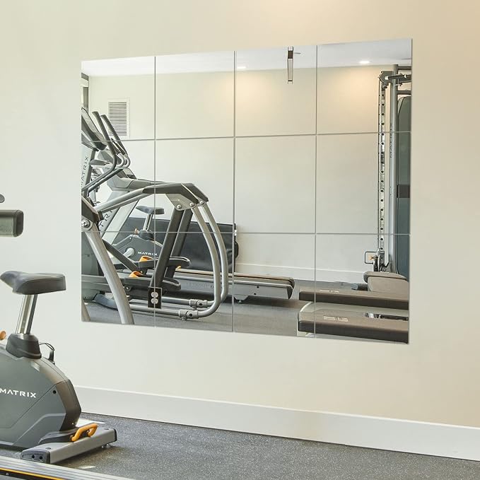 Glass Full Length Wall Mirror Tiles, 12" x 12" x 4PCS Home Gym Mirror | Frameless Wall Mounted Mirror for Garage, Bedroom, Living Room, Over The Door