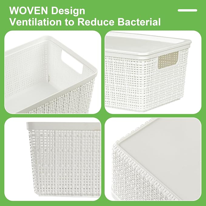 6 Pack Plastic Storage Baskets with Lid,White Stackable Bins | Durable Woven Plastic With handle Breathable,Save space,For Organizing Desktops, Closets, Playrooms, Classrooms, Offices