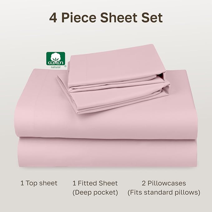 Soft Natural 100% Cotton Sateen Deep Pocket Full Size Sheets Set, Pink | Backed by Good Housekeeping Seal, Light & Breathable For Hot Sleepers, 14" Deep Pocket, All-Around Elastic, Durable