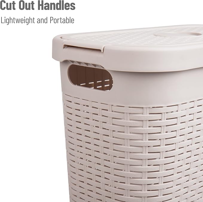 Mind Reader Slim Laundry Hamper with Lid, 40L Clothes Basket, Narrow Tapered Design with Ventilated Cutout Pattern, Plastic, Ivory