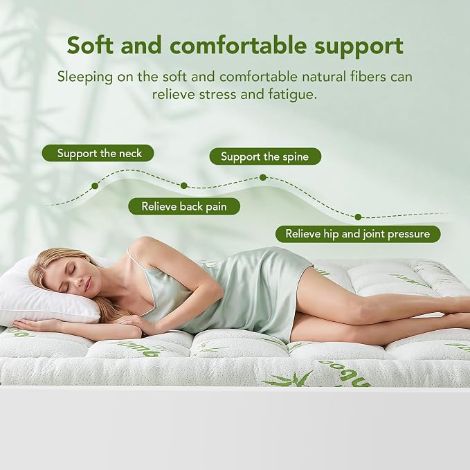 King Size Mattress Topper Viscose Made from Bamboo, Extra Thick Quilted Pillow Top, Naturally Cooling & Breathable for Hot Sleepers, Back Pain Relief, Deep Pocket Skirt Fits 6-18", Green