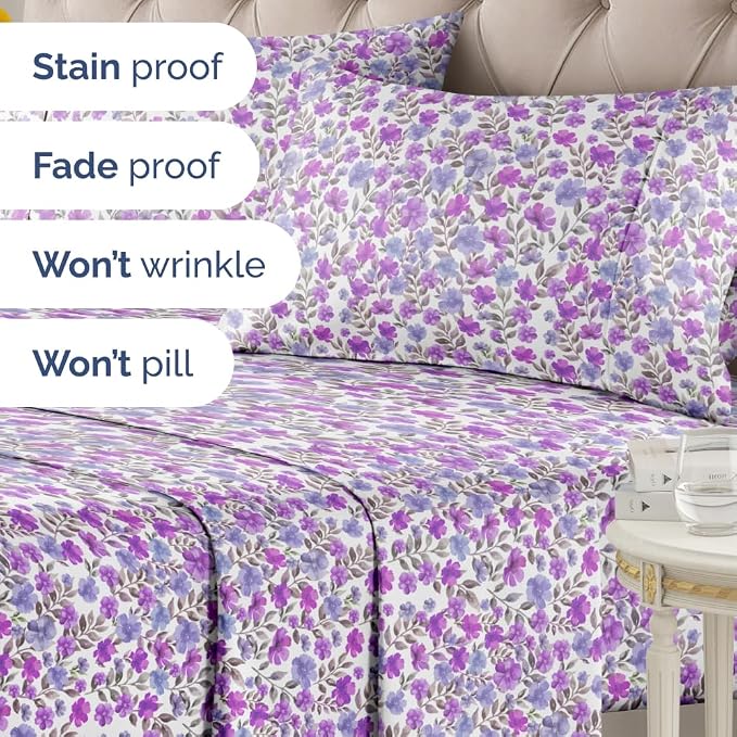 Full 4 Piece Floral Sheet Set - Soft, Breathable & Cooling - Purple Bloom | 1 Flat, 1 Fitted & 2 Pillowcases w/ Deep Pockets, Boho Botanical Floral Bedding, Breathable & Cooling, Wrinkle & Fade Free