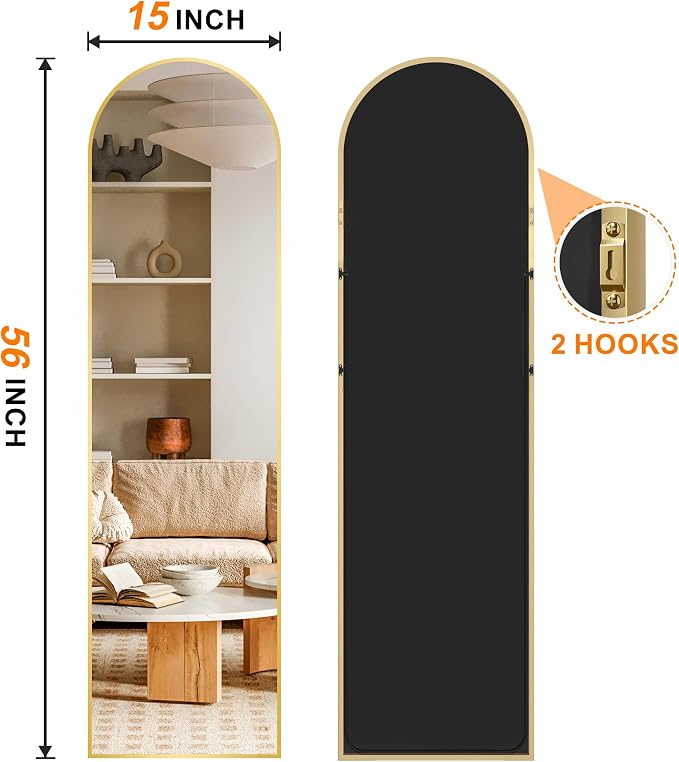 Arched Full Length Mirror, 56"x15" Standing Body Mirror for Wall, Gold | Built-in Stand, HD Shatterproof Glass, Aluminum Alloy Frame, Hanging or Standing, for Bedroom, Living Room & Dressing Room
