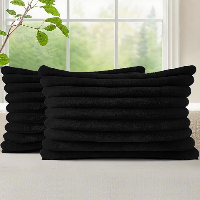 decorUhome Fall Faux Fur Throw Pillow Covers 12x20 Set of 2 Black | Decorative Soft Cozy Striped Plush Modern Farmhouse Boho Couch Pillow Cases Velvet Back for Sofa Bed Living Room Home Decor