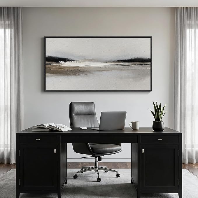 Large Framed Black and White Abstract Wall Art for Living Room, 30x60 In | Horizontal landscape pictures, Oversized canvas prints, Modern neutral artwork for walls, Wall decor for bedroom dining room