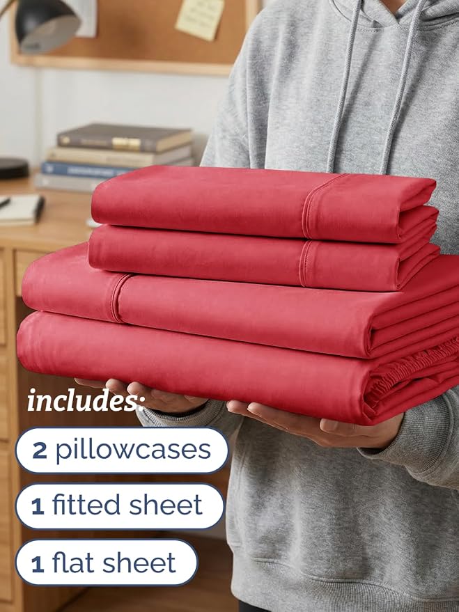 Twin XL 4 Piece Sheet Set - College Dorm Room Essentials - Red | Ultra Soft Dorm Bedding Set, 8" to 16" Inch Deep Pockets, 1 Flat & 1 Fitted Sheet & 2 Pillowcases, Wrinkle & Fade Free