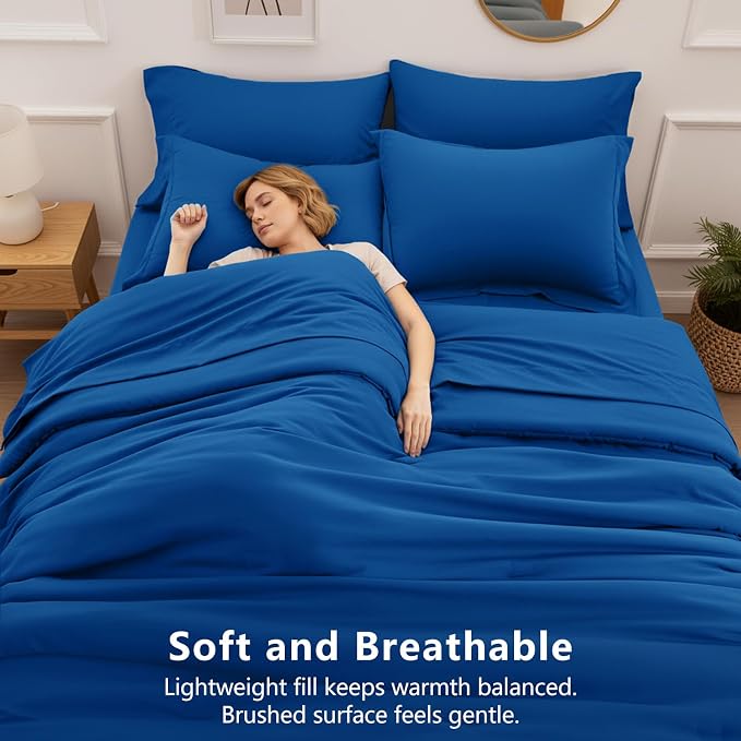 HIMEET Queen Comforter Set, 7-Piece Point-Quilted Bed in a Bag Classic Blue | OEKO-TEX Certified, Lightweight 240 GSM Comforter, Flat Sheet, 14-Inch Deep-Pocket Fitted Sheet, Pillowcases & Shams