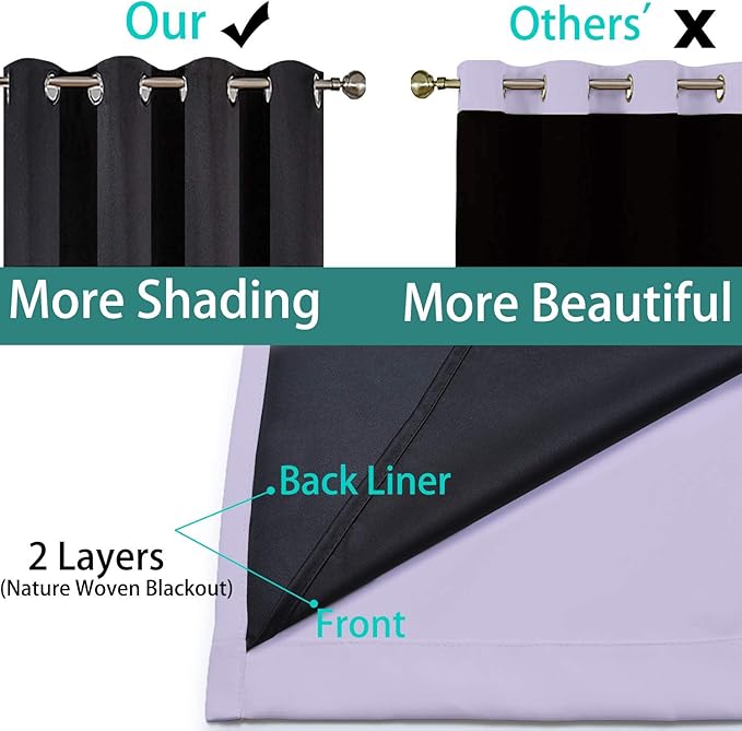 Yakamok Lilac 100% Blackout Curtains 54 Inches Long for Bedroom 52" Wide | Blackout Curtain Panels for Bedroom, 2 Thick Layers Grommet Top Thermal Insulated Drapes with Black Liner for Living Room