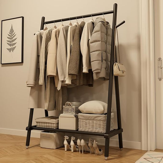 Muwuele Solid Wood Clothing Rack, Rolling Clothes Rack for Hanging Clothes, Garment Rack with Shelves Load 350 Lbs, Portable Closet Organizer on Wheels for Hanging Clothes (Black)