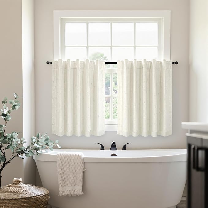 36 Inch Length Linen Blackout Curtains for Kitchen Windows Over Sink Boho Short RV Bedroom Small Curtain for Camper Room Darkening Thermal Insinuated Cafe Drapes Cream Ivory 2 Panels 42" W x 36" L