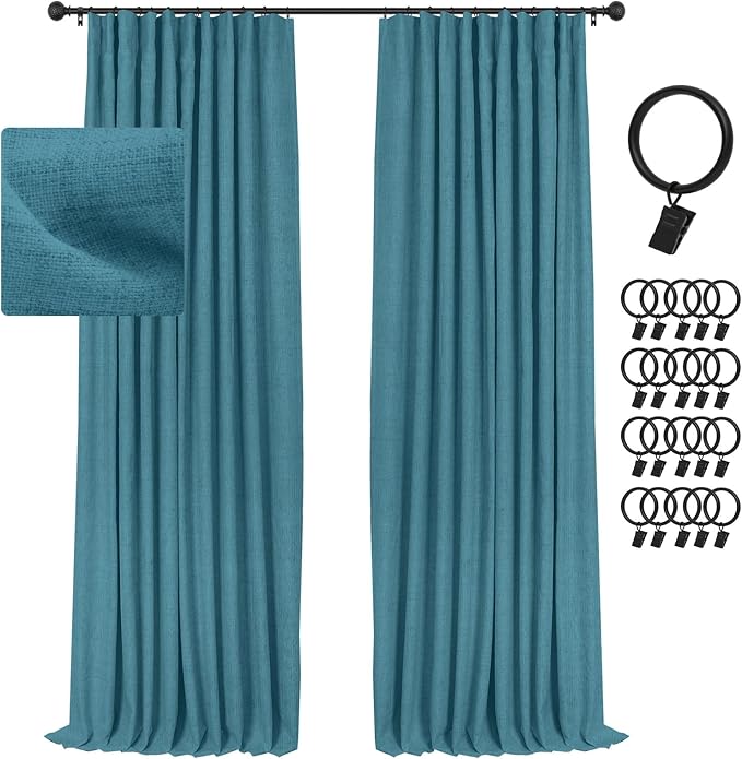 INOVADAY 100% Blackout Curtains for Bedroom, Black Out Curtains 84 Inch Long, Clip Rings Linen Blackout Drapes, Thermal Insulated Room Darkening for Living Room, 2 Panels - Bluesapphir,W50xL84