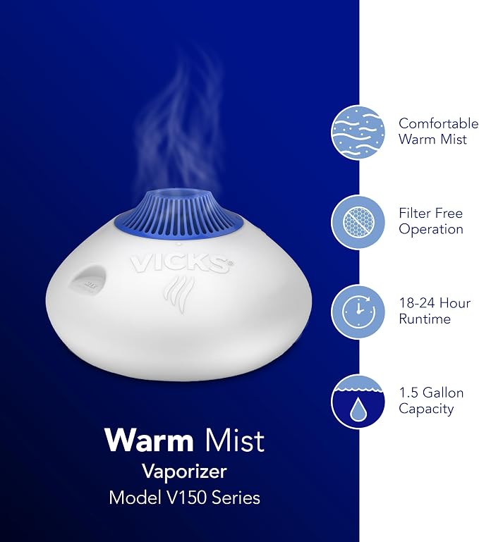 Vicks Warm Steam Vaporizer & Humidifier 1.5 Gallon Tank for Small and Medium Rooms, Night Light, Works with VapoPads and VapoSteam (Pack of 2)