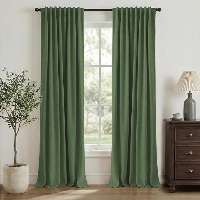 INOVADAY 100% Blackout Linen Curtains for Bedroom 50x90 Inches Moss Green | Linen Textured, Light Blocking, Room Darkening, Thermal Insulated, Back Tab Top, Window Curtains for Living Room, 2 Panels