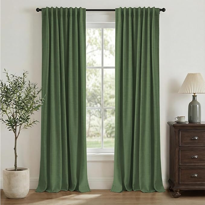 INOVADAY 100% Blackout Linen Curtains for Bedroom 50x96 Inches Moss Green | Linen Textured, Light Blocking, Room Darkening, Thermal Insulated, Back Tab Top, Window Curtains for Living Room, 2 Panels