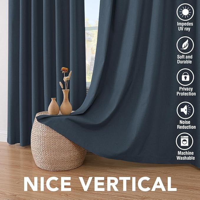 H.VERSAILTEX Blackout Curtains Linen Curtains 120 inches Long 100% Black Out Curtains for Bedroom Windows, Textured Linen Look Draperies Grommet with White Liner, 2 Panels, Navy