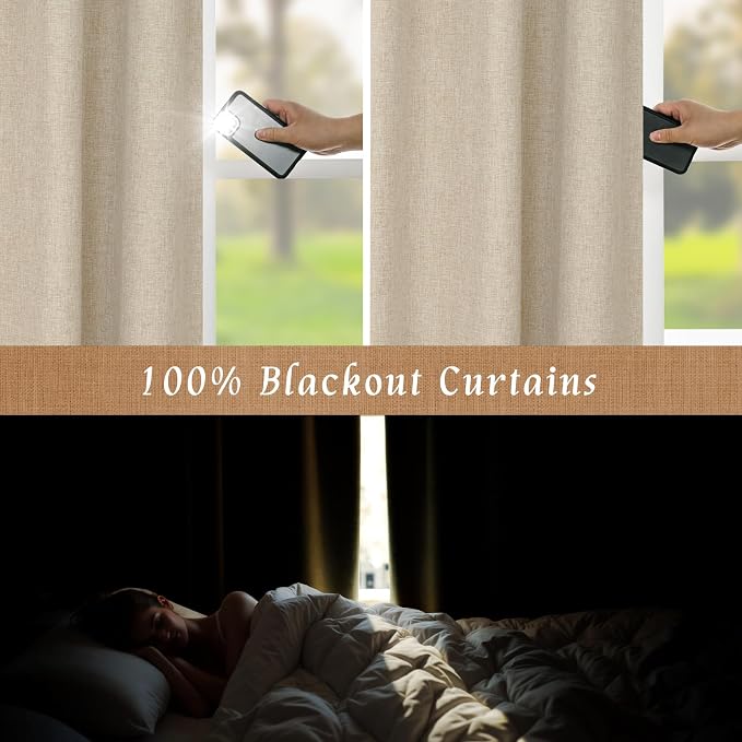 72 Inches 100% Blackout Natural Linen Curtains for Living Room, Linen | Thermal Bedroom Curtains, Privacy, Room Darkening Drapes, Rod Pocket Back Tab, with White Liner, 2 Panels, 52 x 72 Inch