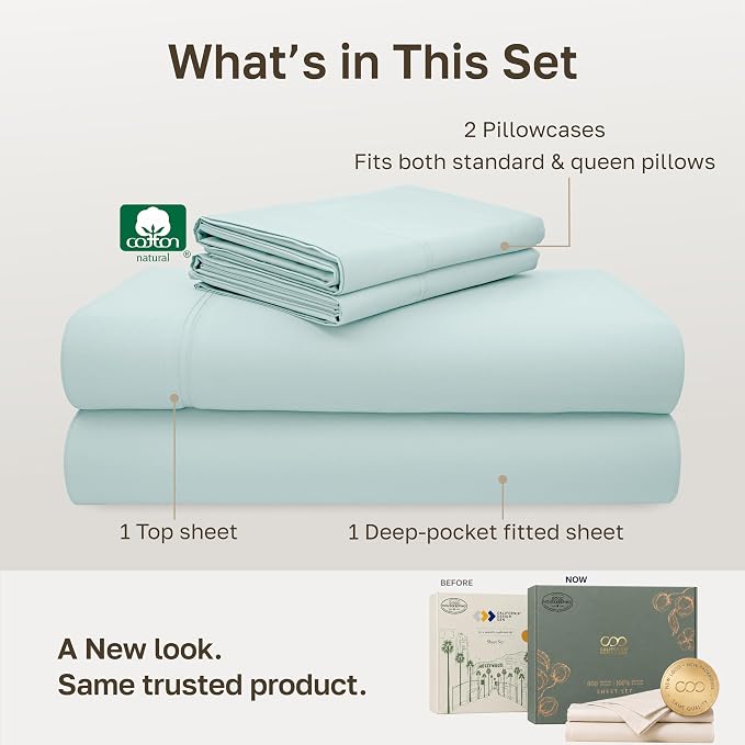 California Design Den Luxury 600 Thread Count Queen Size Bedsheets Set,Aqua | 100% Cotton Sateen Backed by Good Housekeeping Seal, Soft & Smooth, 16" Deep Pocket, All-Around Elastic, Durable, Easy Care