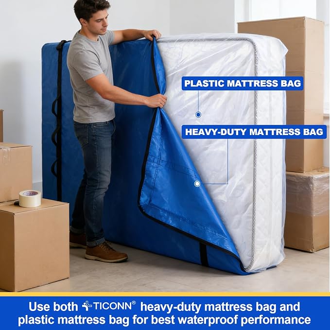 TICONN 1PK Plastic Mattress Bags for Moving, Waterproof Mattress Cover | 3D Gusset Design, Tear Resistant & Dust Protection, Multiple Sizes /Thickness Options, Reusable Mattress Protector