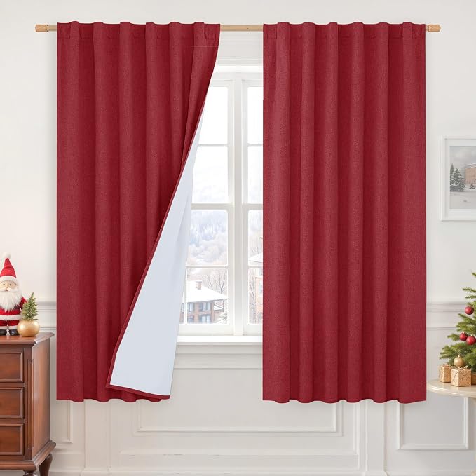 100% Blackout Red Linen Bedroom Curtains 63 Inches 2 Panels | Thermal Insulated, Living Room Curtains, Privacy, Christmas Decor, Rod Pocket Back Tab Panels, with White Liner, 52 x 63 Inch