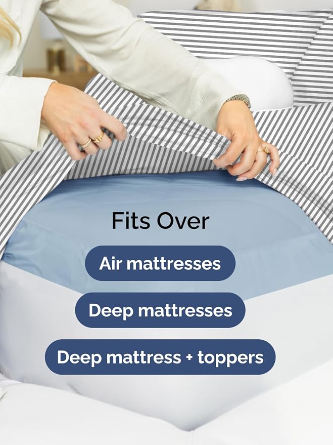 Extra Deep King Fitted Sheet - Single Fitted Sheet Only - Grey Stripes | Easily Fits 18 inch to 24 inch Mattress, Soft, Wrinkle Free, Breathable & Comfy, Extra Deep Pockets Hotel Luxury Fitted Sheet