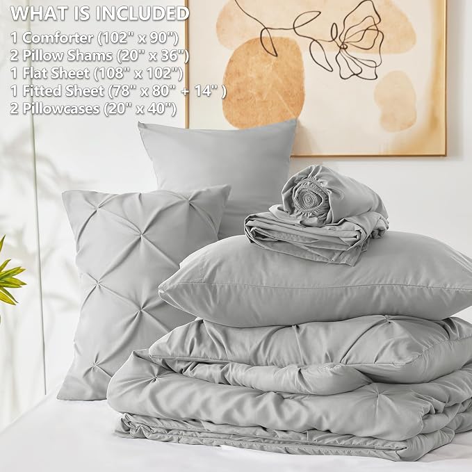 King Size Comforter Set Light Grey, 7 Pieces Pintuck Bed in a Bag | OEKO-TEX 100 Certified, 240GSM All Season, Bedroom, Guest Room, Down-Alternative Comforter, Sheets, Pillowcases & Shams