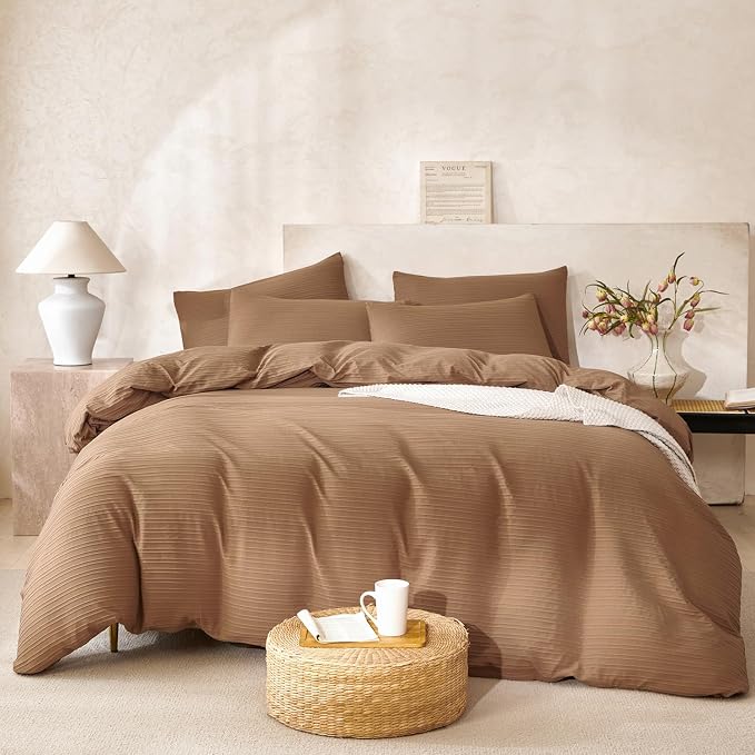 Comforter Set King Dark Brown Striped Luxury Washed Microfiber Jacquard 3 Pieces Bedding, Dark Brown Vertical Ticking Stripes Comforter with 2 Pillowcases Soft Breathable Durable Comfy