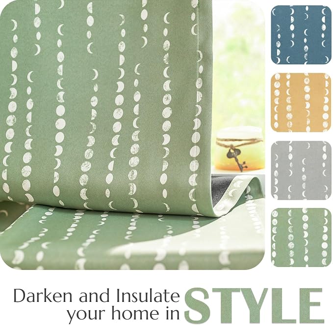 jinchan Boho Blackout Curtains 63 Inch Length Moon Phase Printed Drapes | Sage Green Farmhouse Curtain for Bedroom Living Room Back Tab Drapes Room Darkening Window Treatment 2 Panels