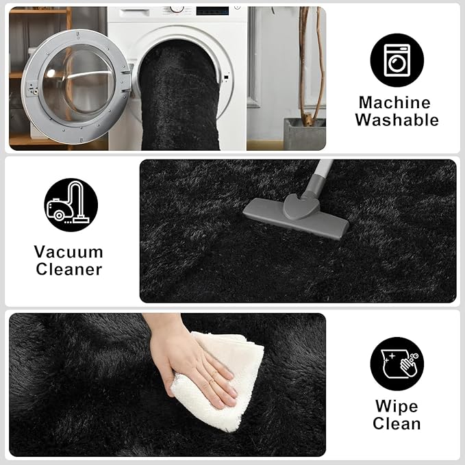 Soft Fluffy Rugs for Bedroom Living Room, 2x6 Hallway Runner Rugs, Furry Shag Bedside Area Rug Indoor Accent Floor Carpet, Plush Fuzzy Rug for Dorm Nursery Kids Room Decor, Black