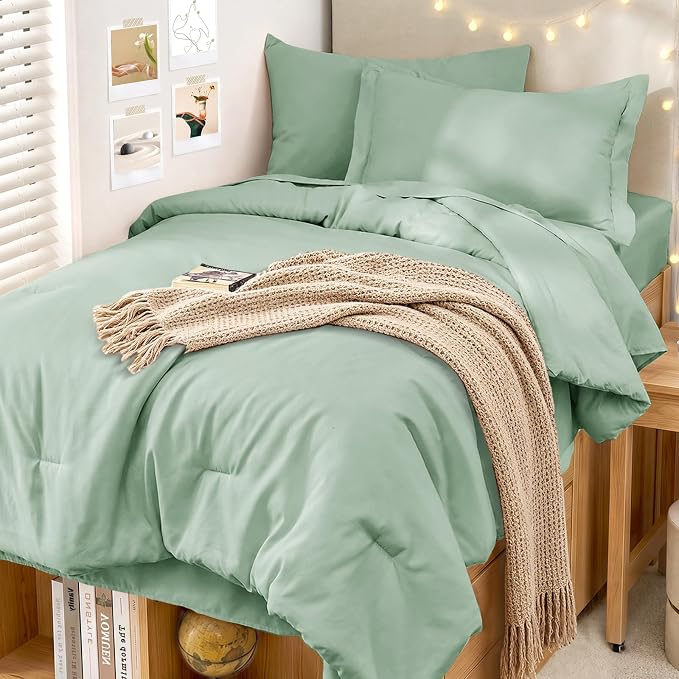 5 Pieces Twin XL Comforter Set, Soft Bed in a Bag Twin XL Size, All Season Bedding Set with Comforter, Flat Sheet, Fitted Sheet, Pillowcases & Shams, Sage Green