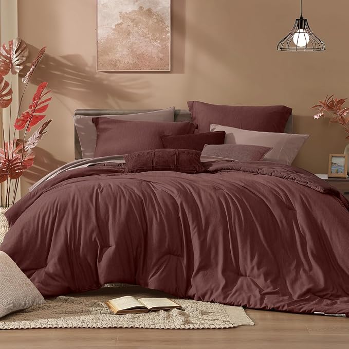 Monbix California King Comforter Set 7 Pieces Dark Red Bed in a Bag | Cationic Dyeing Reversible All Season Bedding Sets with Comforter, Sheets, Pillowcases & Shams