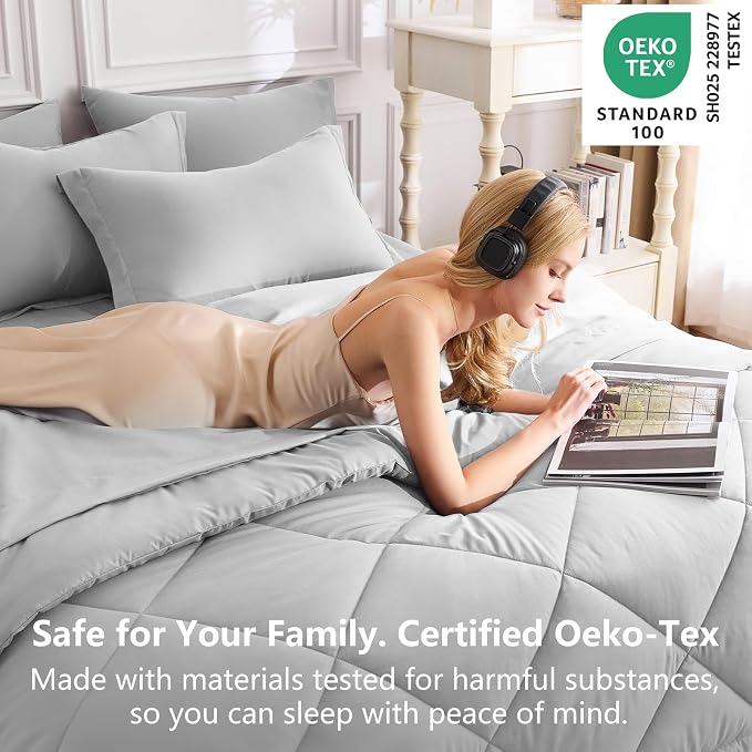 Queen Comforter Set with Sheets Light Grey - 7 Pieces Bed in a Bag | OEKO-TEX Certified, All Season, 240GSM Down-Alternative Comforter, Sheets, Pillowcases & Shams, 14" Deep Pocket, Easy Care