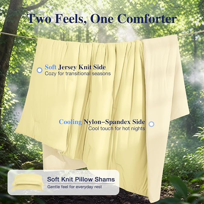 Cooling Queen Comforter Set, Lightweight Summer Comforter for Hot Sleeper, Reversible Bedding with ICY Cooling Surface, Includes 1 Comforter (90"x90") and 2 Shams (20"x 26"), Cream Yellow