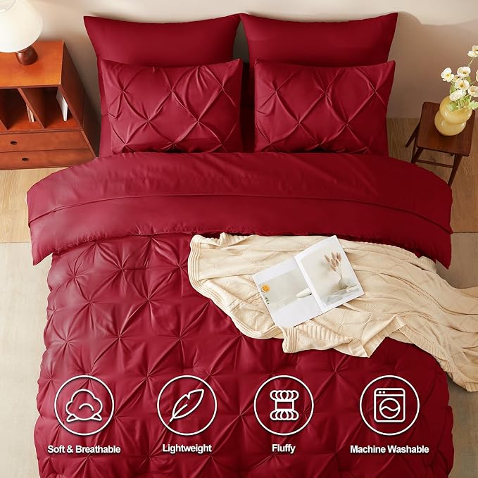 HIMEET Queen Comforter Set Deep Red - 7 Pieces Pintuck Bed in a Bag | OEKO-TEX Certified, 240GSM Down Alternative Comforter, 14" Deep Pocket Fitted Sheet + Flat Sheet + 2 Pillowcases + 2 Shams