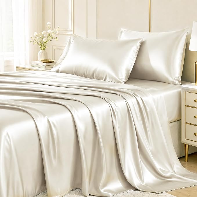 CozyLux Satin Sheets Queen, 4-Piece 14-Inch Deep Pocket Sheet Set | OEKO-TEX Certified Silky Soft Sheet Set for Hair & Skin, Luxurious Silky-Smooth Satin for Elegant Bedroom Decor, Beige