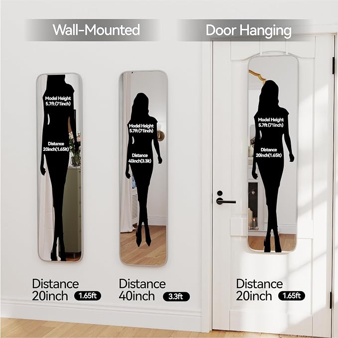 SCWF-GZ 47x14 Full Length Mirror Over the Door Hang or Wall Mounted Silver | HD Clear Tempered Glass,Aluminum Frame Rect Full Body Dressing Make-up Mirrors for Bedroom,Bathroom, Entryway,Living Room
