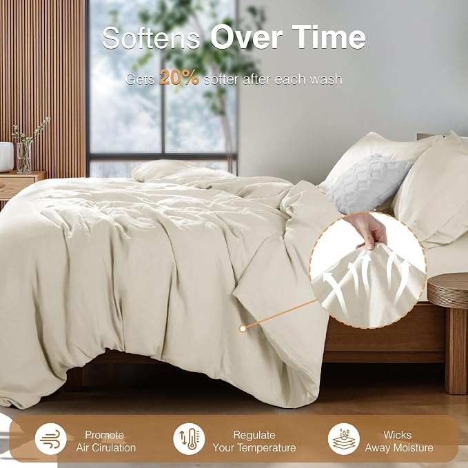 SONORO KATE 100% French Linen Queen Duvet Cover Set,Zipper Closure,3PC | Natural French Flax,Soft Breathable for Hot Sleepers,Moisture Wicking & Durable,4 Corner Ties,Cream
