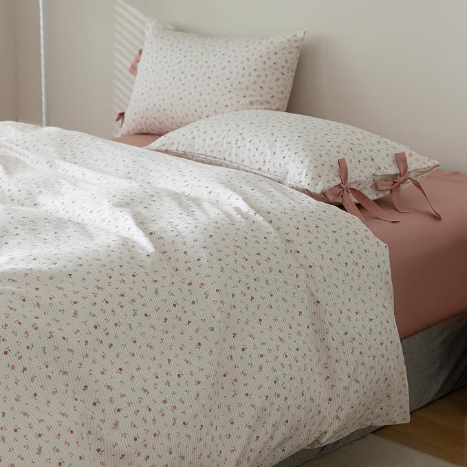 mixinni White Flower Pattern Duvet Cover Queen Cottage Pink Floral Stripes Duvet Cover Set 100% Cotton Bedding Set with Zipper Ties Bowknot Pillowcases, Easy Care, Soft and Breathable-Queen Size